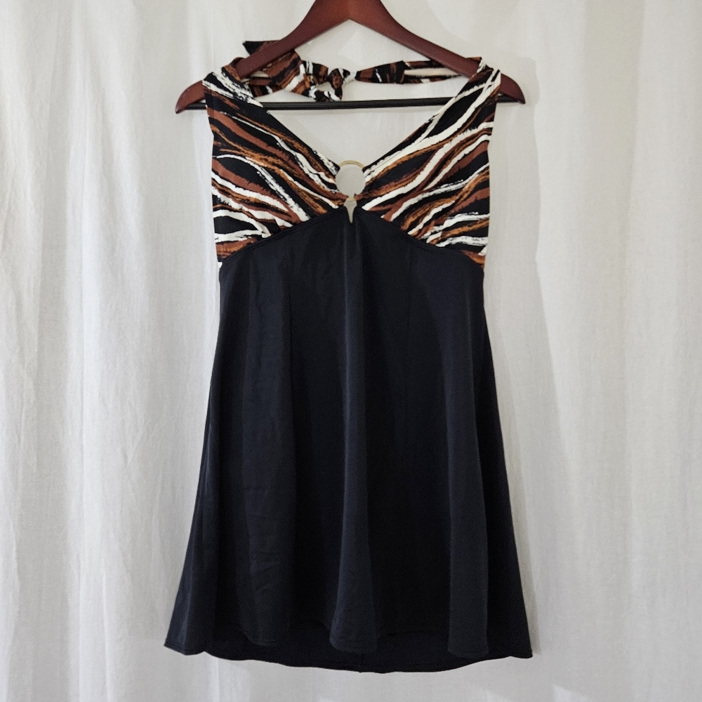 Contour One Piece Halter Dress Swimsuit in Black & Brown Print Women’s Size 12